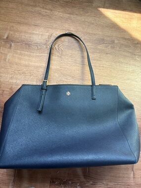 Tory Burch Navy Saffiano Leather Tote with Gold Logo
